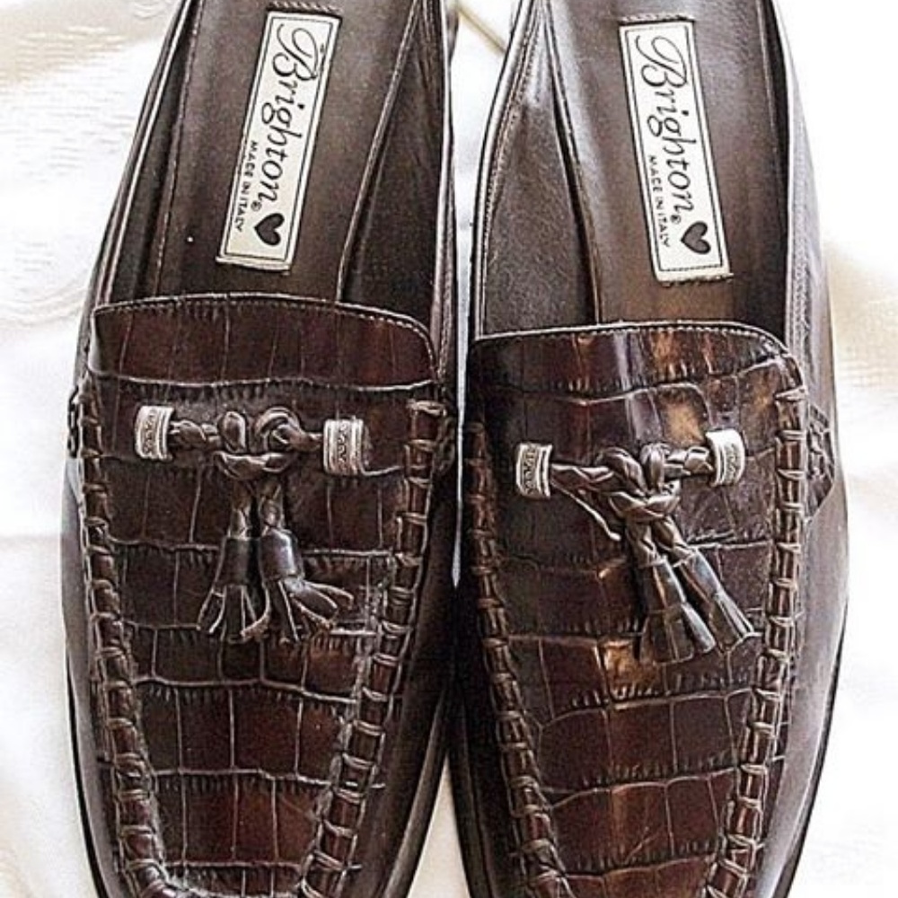 Brighton Annie Brown Croc Mules with tassels